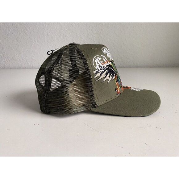 Ed Hardy Trucker Hat Embroidered Rhinestone Dragon Tattoo Snapback Cap Green NEW - Picture 6 of 14